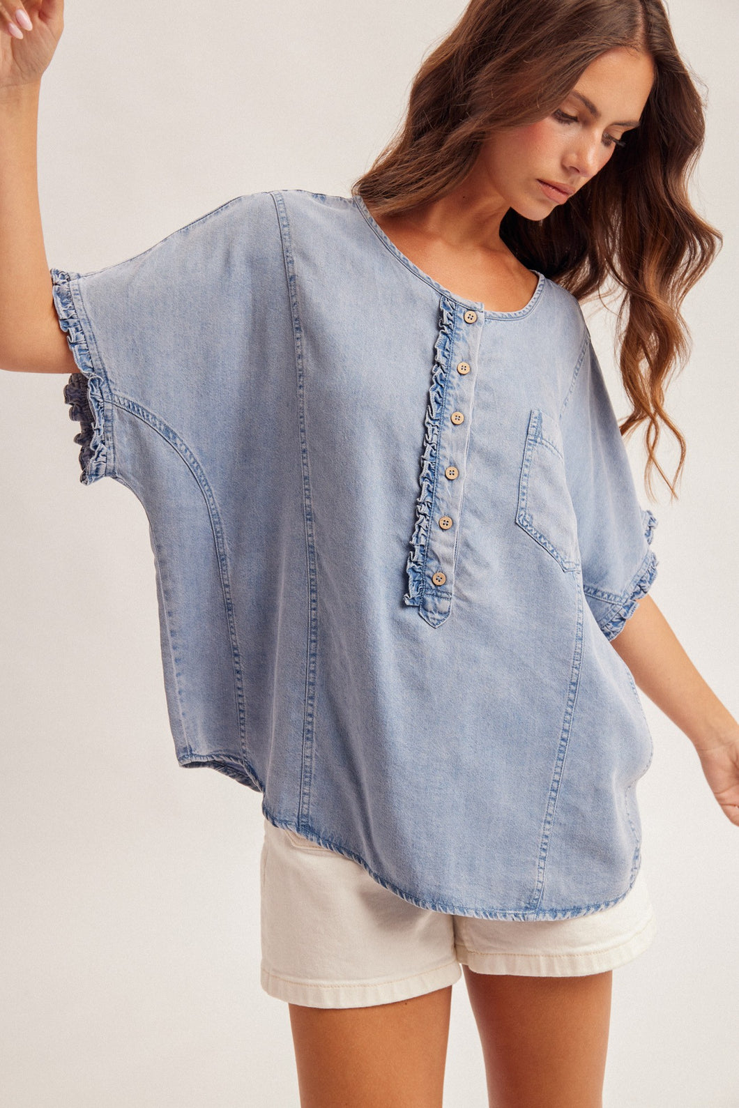 Ruffle Inserted Placket Dolman Sleeve Denim Top