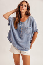 Ruffle Inserted Placket Dolman Sleeve Denim Top