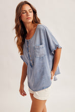 Ruffle Inserted Placket Dolman Sleeve Denim Top