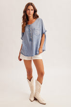 Ruffle Inserted Placket Dolman Sleeve Denim Top