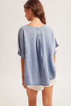 Ruffle Inserted Placket Dolman Sleeve Denim Top