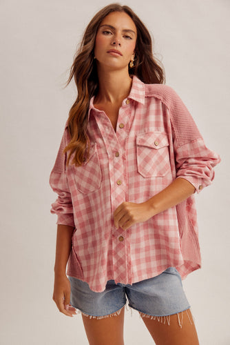 Waffle Mixed Button Down Oversized Shirt