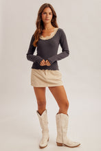Lace Detail Neckline Long Sleeve Rib Top