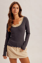 Lace Detail Neckline Long Sleeve Rib Top