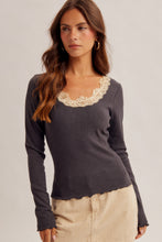 Lace Detail Neckline Long Sleeve Rib Top