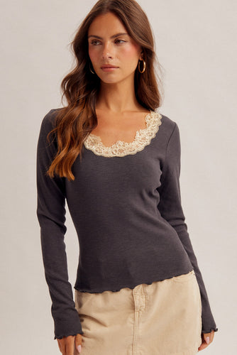 Lace Detail Neckline Long Sleeve Rib Top