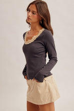 Lace Detail Neckline Long Sleeve Rib Top