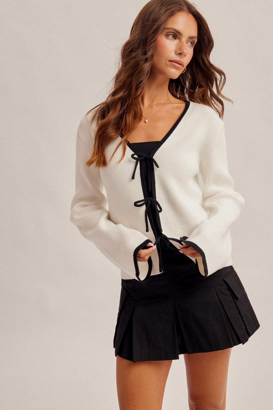 Tie Front Detail V Neck Long Sleeve Cardigan
