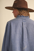 Denim Button Down Top With Triangle Blanket Stitch