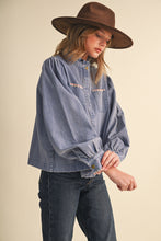 Denim Button Down Top With Triangle Blanket Stitch