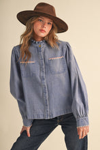 Denim Button Down Top With Triangle Blanket Stitch