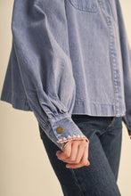 Denim Button Down Top With Triangle Blanket Stitch