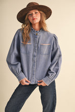 Denim Button Down Top With Triangle Blanket Stitch
