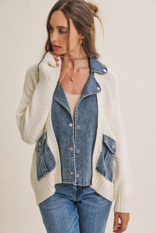 First Chill Moto Inspired Denim Twofer Sweater Cardigan
