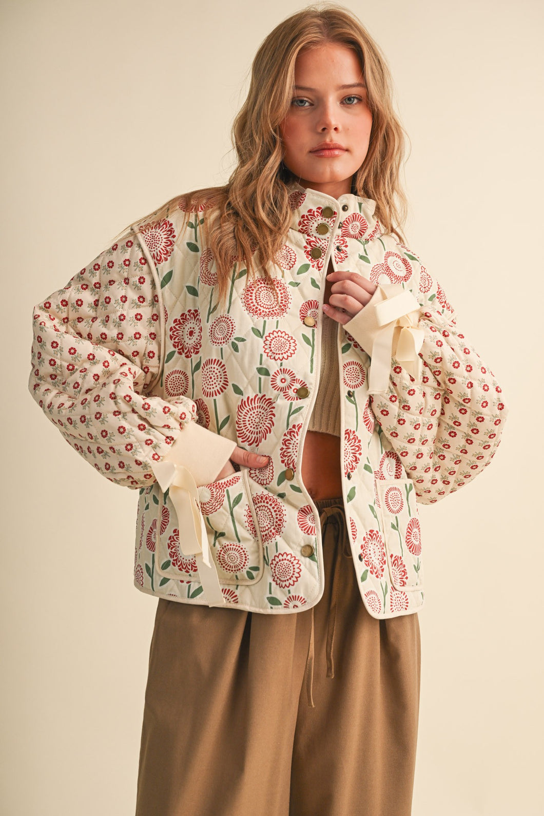 Quilted Mixed Floral Print Jacket With Ribbon Detail