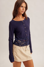 Lace Trimmed Boat Neck Button Down Rib Cardigan