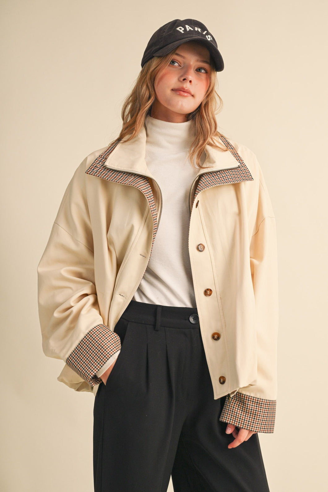 Bubble Hem Houndstooth Contrast Coat