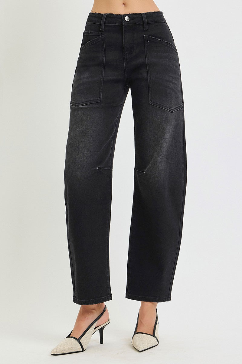 Mid Rise Barrel Patch Pocket Jeans