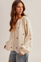 Flower Embroidered Smocked Neckline Blouse