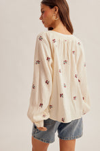 Flower Embroidered Smocked Neckline Blouse