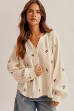 Flower Embroidered Smocked Neckline Blouse