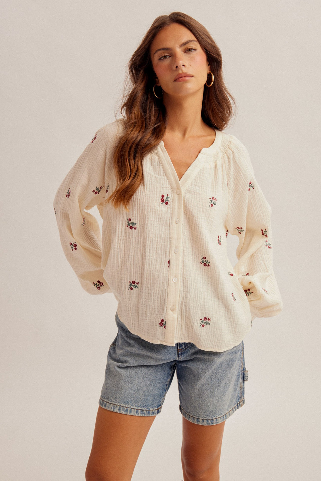 Flower Embroidered Smocked Neckline Blouse