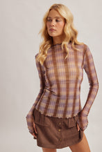 Plaid Print Mesh Long Sleeve Mock Neck Top With Thumbhole