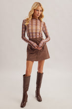 Plaid Print Mesh Long Sleeve Mock Neck Top With Thumbhole