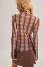 Plaid Print Mesh Long Sleeve Mock Neck Top With Thumbhole
