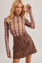 Plaid Print Mesh Long Sleeve Mock Neck Top With Thumbhole