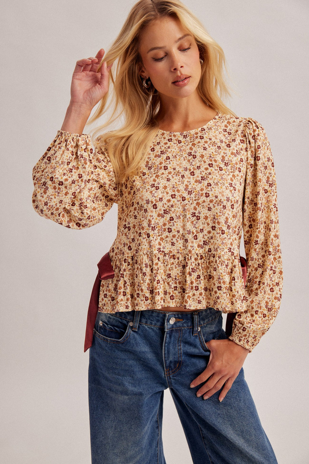 Crew Neck Long Puff Sleeves Side Ribbon Tie Peplum Top