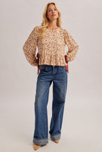 Crew Neck Long Puff Sleeves Side Ribbon Tie Peplum Top
