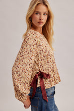 Crew Neck Long Puff Sleeves Side Ribbon Tie Peplum Top