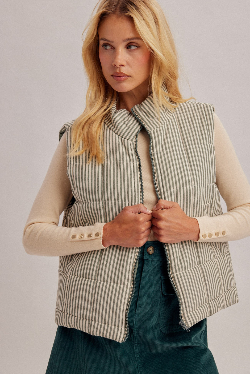 Striped Zipper Front High Collard Padded Puffer Vest