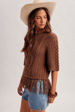 Cable Knit Fringe Hem Crew Neck Sweater