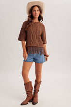 Cable Knit Fringe Hem Crew Neck Sweater