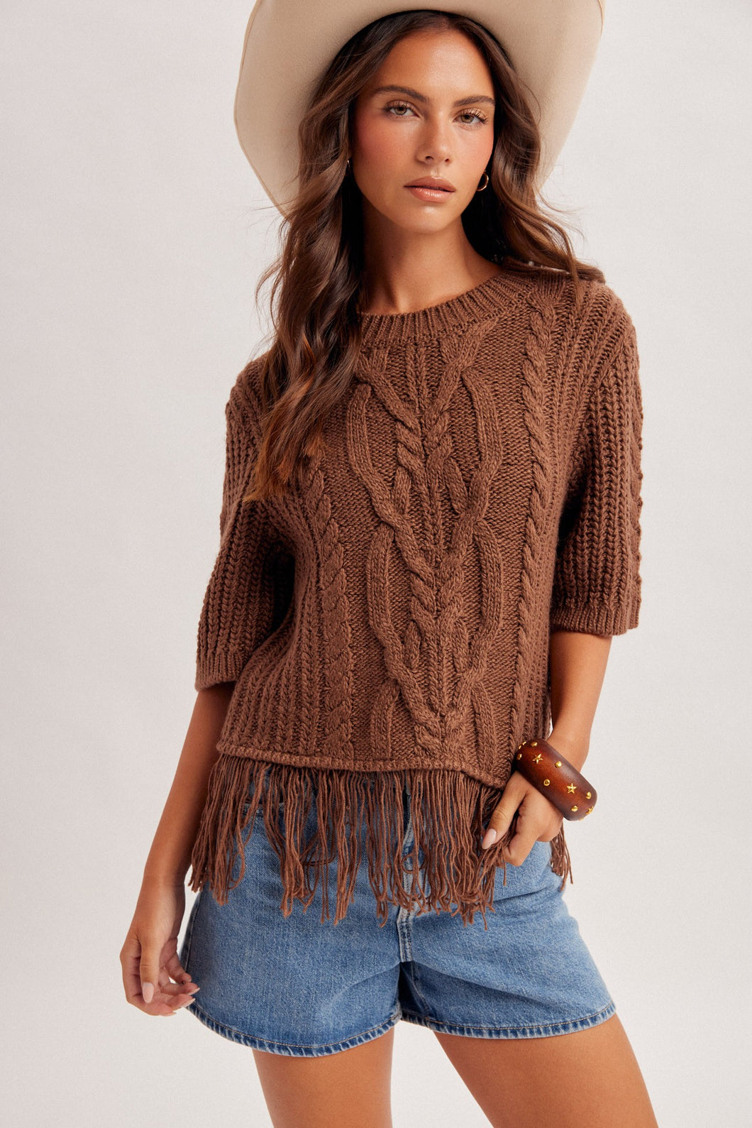 Cable Knit Fringe Hem Crew Neck Sweater
