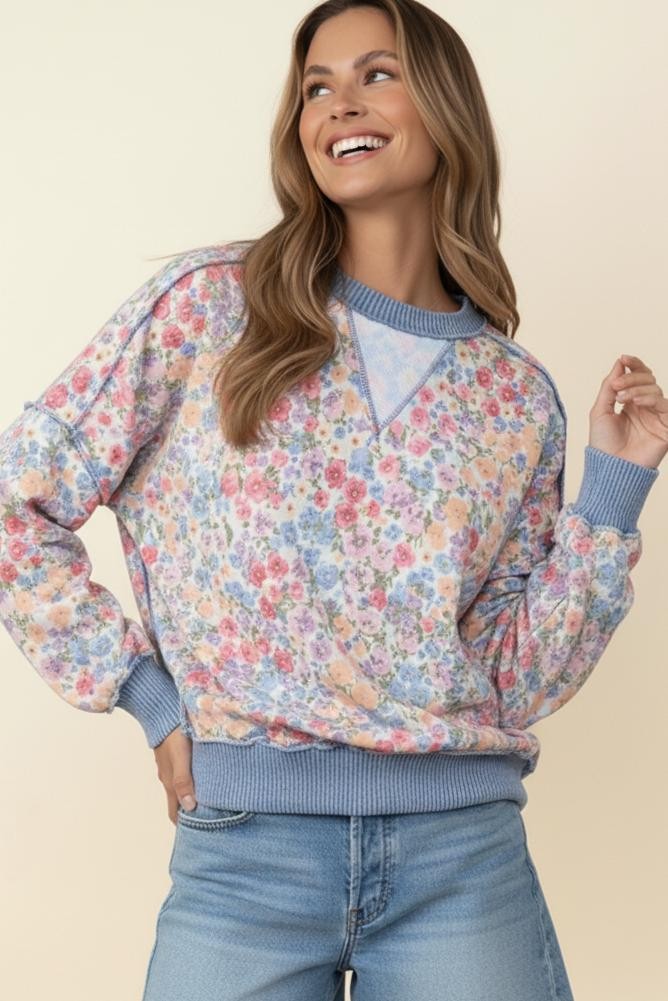 Floral Print Oversized Long Sleeve Floral Top