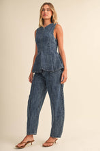 STRIPED DENIM SLEEVELESS PEPLUM TOP AND BARREL SET