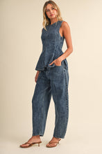 STRIPED DENIM SLEEVELESS PEPLUM TOP AND BARREL SET