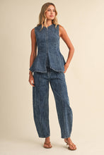 STRIPED DENIM SLEEVELESS PEPLUM TOP AND BARREL SET