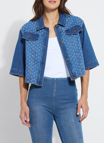 Thea Crop Crochet Denim Jacket in Mid Wash