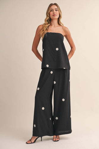 POLKA DOT TUBE TOP WITH SPLIT BACK AND WIDE PANTS