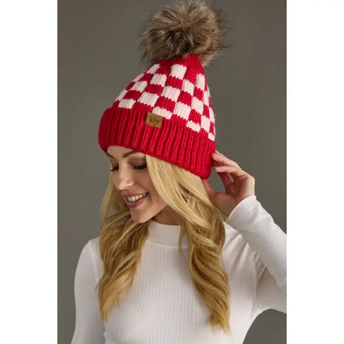Red and Pink Checkered Pom Hat