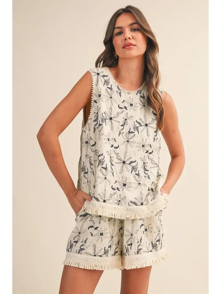 Embroidered Tank and Short Set with Tassel