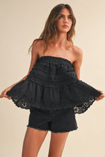 LACE TRIM RUFFLED STRAPLESS TRAPEZ TOP