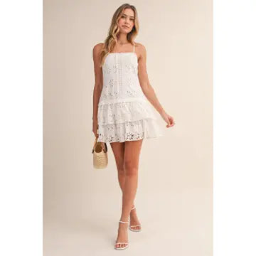 Floral Eyelet Sleeveless Tiered Dress in White