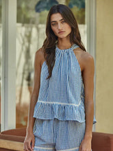 Woven Striped Sleeveless Halter Top with Lace Detail