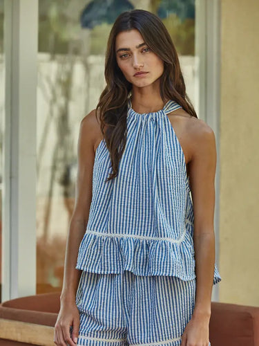 Woven Striped Sleeveless Halter Top with Lace Detail