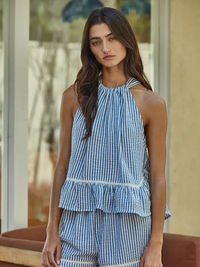 Woven Striped Sleeveless Halter Top with Lace Detail